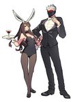  1girl absurdres adjusting_bow alcohol animal_ears bare_shoulders belda34 black_bow black_footwear black_jacket black_leotard black_neckwear black_pants bow bowtie breasts bunny_ears bunny_girl bunnysuit covered_mouth cup d.va_(overwatch) detached_collar dress_shirt drinking_glass face_mask facepaint facial_mark fake_animal_ears fishnet_pantyhose fishnets formal glass gloves hand_on_hip highres holding holding_plate jacket leotard long_sleeves looking_at_viewer mask medium_breasts overwatch pants pantyhose pink_lips plate scar scar_across_eye shirt shoes short_hair simple_background soldier:_76_(overwatch) standing strapless strapless_leotard suit visor whisker_markings white_background white_gloves white_hair white_shirt wine wine_glass 