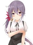  absurdres akebono_(kantai_collection) alternate_costume bell blush bow flower frown hair_bell hair_flower hair_ornament highres jingle_bell kantai_collection long_hair looking_at_viewer purple_eyes purple_hair saku_(kudrove) side_ponytail simple_background solo tray waiter white_background 