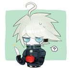  ? ahoge android apple bad_id bad_twitter_id blue_eyes chibi danganronpa food fruit green_background keebo knife male_focus new_danganronpa_v3 ponkotsu_(inumoyo) power_armor silver_hair simple_background solo sparkle spoken_question_mark 