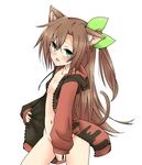  animal_ears bottomless bow brown_hair cat_ears cat_tail covering covering_crotch green_eyes hair_bow hair_ornament highres if_(choujigen_game_neptune) jacket long_hair looking_at_viewer navel neptune_(series) no_panties open_clothes open_mouth ribbon shika_tsui solo tail 