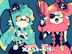  aqua_eyes aqua_hair blush commentary_request domino_mask gears hair_ornament inkling mask multiple_girls nana_(raiupika) pink_eyes pink_hair polearm scythe splatoon_(series) splatoon_1 tentacle_hair trident weapon 