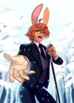  abstract_background anthro blue_eyes clothed clothing fur hair invalid_tag kai_yun-jun lagomorph male mammal microphone open_mouth orange_fur orange_hair peritian rabbit singing suit teeth tognue winter yellow_fur 