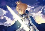  ahoge armor armored_dress artoria_pendragon_(all) blonde_hair blue_cape cape cloud cloudy_sky coat crown dress excalibur fate/grand_order fate/stay_night fate_(series) fighting_stance fur-trimmed_cape fur_trim gauntlets glint glowing glowing_sword glowing_weapon green_eyes hatsuko holding holding_sword holding_weapon looking_afar saber sky solo sparkle sword weapon 