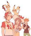  1girl 2boys :d baseball_cap blue_(pokemon) brown_eyes brown_hair closed_mouth drinking grey_eyes hand_on_hip hat highres jitome mimikyu multiple_boys older ookido_green ookido_green_(sm) open_mouth pikachu pokemon pokemon_(creature) pokemon_(game) pokemon_sm raglan_sleeves red_(pokemon) red_(pokemon)_(sm) sally_(luna-arts) simple_background smile sparkle spiked_hair sun_hat white_background 