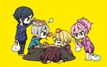  :3 bag black_eyes black_hair blonde_hair brown_hair casual chibi closed_eyes commentary face_down food fruit grey_hair hayami_kanade ichinose_shiki idolmaster idolmaster_cinderella_girls jougasaki_mika kotatsu leaning_forward lipps_(idolmaster) looking_at_another mandarin_orange miyamoto_frederica multiple_girls no_nose open_mouth ori_(yellow_duckling) pink_hair shiomi_shuuko shopping_bag short_hair sitting standing table visible_air yellow_eyes 