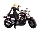  1girl absurdres ahoge blonde_hair detexted fate/stay_night fate/tiger_colosseum fate/zero fate_(series) formal green_eyes ground_vehicle highres key motor_vehicle motorcycle nagamori_masato necktie pant_suit photoshop saber saber_lion solo suit vehicle yamaha 
