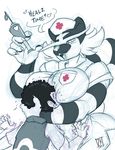  2017 anthro between_breasts big_breasts blush breasts claws clothing dialogue english_text female fur hair huge_breasts human human_on_anthro incineroar interspecies larger_female male male/female mammal needle nintendo nipple_bulge nurse nurse_uniform open_mouth pok&eacute;mon pok&eacute;philia shirt signature size_difference sketch smaller_male speech_bubble stripes syringe teeth text tongue uniform video_games zwitterkitsune 