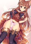  animal_ears anthuria ass_visible_through_thighs breasts brown_eyes choker erune from_below fukuda_shuushi fur gloves granblue_fantasy highres long_hair looking_at_viewer looking_down medium_breasts panties side-tie_panties single_glove skirt skirt_pull smile solo thighhighs underwear undressing untied 
