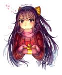  adapted_costume alternate_costume bow coat danielle_brindle gift hair_bow kamikaze_(kantai_collection) kantai_collection long_hair looking_at_viewer mittens pink_scarf purple_hair red_eyes scarf solo twitter_username upper_body winter_clothes winter_coat yellow_bow 