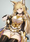  akai_kagerou alcohol animal_ears armor bangs black_gloves black_legwear blonde_hair braid breastplate erune gloves granblue_fantasy jacket long_hair looking_at_viewer red_eyes sake solo thighhighs tokkuri wakamezake yuisis_(granblue_fantasy) zettai_ryouiki 