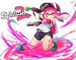  bangs baseball_cap bike_shorts black_shorts blue_footwear blunt_bangs commentary conomi-c5 copyright_name domino_mask full_body grin hat highres holding holding_weapon ink_tank_(splatoon) inkling leaning_back long_hair looking_to_the_side mask paint_splatter pink_hat pointy_ears shirt shoes shorts single_vertical_stripe sleeveless sleeveless_shirt smile sneakers solo splat_dualies_(splatoon) splatoon_(series) splatoon_2 standing tentacle_hair weapon white_background white_shirt 