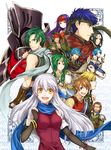  6+boys :d anniversary armor bare_shoulders black_armor black_gloves black_hair black_knight blonde_hair blue_eyes blue_hair blue_scarf brown_eyes brown_hair cape commentary_request dagger dress edward_(fire_emblem) elbow_gloves elincia_ridell_crimea facial_mark fingerless_gloves fire_emblem fire_emblem:_akatsuki_no_megami full_armor geoffrey_(fire_emblem) gloves green_hair hair_over_one_eye hair_ribbon half_updo headband helmet highres horse jewelry knife leonardo_(fire_emblem) long_hair lucia_(fire_emblem) micaiah multiple_boys multiple_girls nolan open_mouth pointy_ears purple_hair red_eyes ribbon robe sanaki_kirsch_altina scarf silver_hair sleeveless sleeveless_dress smile soren sothe tibarn weapon wings yellow_eyes yoshino_wataru 