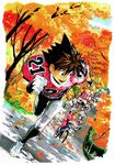  6+boys anezaki_mamori autumn autumn_leaves bicycle brown_hair character_request clenched_hands eyeshield_21 football_uniform gloves ground_vehicle highres hiruma_youichi kobayakawa_sena kurita_ryokan male_focus multiple_boys murata_yuusuke no_headwear no_helmet official_art running solo_focus spiked_hair sportswear white_gloves 