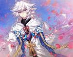  blue_sky capelet chocoan closed_mouth day fate/grand_order fate_(series) hooded_robe light_rays long_hair looking_at_viewer male_focus merlin_(fate) outdoors petals purple_eyes robe sky smile solo sunbeam sunlight 