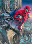  bodysuit chrysler_building cityscape gargoyle male_focus marvel mask murata_yuusuke muscle new_york silk solo spider-man spider-man_(series) spider_web squatting superhero 