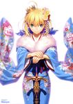  &gt;:) absurdres alternate_costume artoria_pendragon_(all) bikini blonde_hair blue_bikini caliburn closed_mouth copyright_name cowboy_shot crown eyebrows_visible_through_hair fate/grand_order fate/stay_night fate_(series) fingernails floral_print flower fur_collar fur_trim green_eyes hair_flower hair_ornament highres japanese_clothes long_sleeves looking_at_viewer own_hands_together saber sash short_hair simple_background smile solo standing swimsuit sword takeuchi_takashi tassel tsurime v-shaped_eyebrows weapon white_background wide_sleeves 