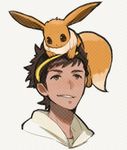  animal animal_on_head brown_eyes dark_skin dark_skinned_male eevee gen_1_pokemon grey_background lowres male_focus male_protagonist_(pokemon_go) on_head pokemon pokemon_(creature) pokemon_go pokemon_on_head simple_background smile visor_cap yuzukarin 