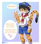  2017 anthro band-aid bandage black_hair blush boy_scout child clothed clothing cub feline fur green_eyes hair looking_at_viewer male mammal open_mouth orange_fur rope school_uniform shota simple_background smile solo spunkie standing text tiger uniform young 