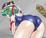  ass bdsm bent_over blue_eyes blush commentary crown green_hair looking_at_viewer ribbon rod_of_remorse role_reversal sad school_swimsuit shiki_eiki short_hair shoulder_blades solo swimsuit thighs touhou winn 