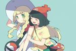  bag beanie black_hair blonde_hair blue_background braid closed_eyes dress duffel_bag green_eyes handbag hat lillie_(pokemon) long_hair mizuki_(pokemon) multiple_girls murro_mi open_mouth pokemon pokemon_(game) pokemon_sm red_hat shirt short_hair short_sleeves simple_background sleeveless sleeveless_dress smile sun_hat tied_shirt twin_braids white_dress white_hat 