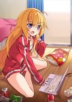  absurdres ahoge barefoot bed blonde_hair blue_eyes blush bottle bra can chips computer eating food food_on_face gabriel_dropout highres indoors jacket laptop long_hair messy_hair messy_room mousou_(mousou_temporary) no_pants on_floor open_mouth open_track_jacket panties potato_chips sitting sleeves_past_wrists soda_bottle soda_can solo tenma_gabriel_white track_jacket underwear unzipped very_long_hair white_bra white_panties 