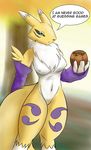  2016 anthro armpits black_nose black_sclera blue_eyes breasts canine dialogue digimon english_text female fox fur game_(disambiguation) mammal mostly_nude navel renamon solo speech_bubble text tuft white_fur yellow_fur yiffmasters 