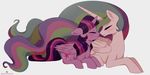  2017 blush cutie_mark duo equine eyes_closed feathered_wings feathers female feral friendship_is_magic hair horn long_hair lying mammal momomistress multicolored_hair multicolored_tail my_little_pony on_front princess_celestia_(mlp) purple_feathers simple_background smile twilight_sparkle_(mlp) white_feathers winged_unicorn wings 
