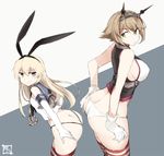  anchor_hair_ornament ass bad_id bad_twitter_id black_panties blonde_hair blush breasts brown_hair butt_crack crop_top elbow_gloves gloves green_eyes grey_eyes hair_ornament hairband headgear highleg highleg_panties kantai_collection large_breasts long_hair looking_at_another multiple_girls mutsu_(kantai_collection) panties sailor_collar shimakaze_(kantai_collection) short_hair simple_background smile souji striped striped_legwear thighhighs underwear white_gloves white_panties 