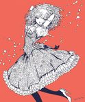  arms_behind_head ascot dress flower frilled_dress frills high_heels kazami_yuuka monochrome multiple_monochrome open_mouth pantyhose petals petticoat puffy_short_sleeves puffy_sleeves red_background ribbon short_hair short_sleeves skirt skirt_set solo takatora touhou wind 