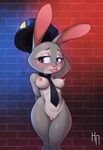  2017 anthro areola blush breasts brick clitoris cute disney erect_nipples eyelashes female fur grey_fur half-closed_eyes hand_behind_head hotneon judy_hopps lagomorph long_ears looking_at_viewer mammal necktie nipples nude pink_nose police_hat pose purple_eyes pussy rabbit smile solo standing tongue tongue_out white_fur wide_hips zootopia 