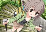  absurdres backpack bag bangs bottle bra breasts brown_hair camisole collarbone downblouse eyebrows_visible_through_hair green_eyes highres hiking jacket kuraue_hinata leaf long_sleeves looking_at_viewer mousou_(mousou_temporary) multiple_girls open_clothes open_jacket open_mouth outdoors short_hair skirt small_breasts smile solo_focus stairs tree trekking_pole underwear water_bottle white_bra yama_no_susume yukimura_aoi 
