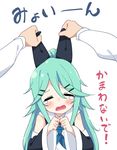  admiral_(kantai_collection) aqua_hair bare_shoulders black_bow blue_neckwear blush bow closed_eyes detached_sleeves eyebrows_visible_through_hair hair_between_eyes hair_bow hair_flaps hair_ornament hair_ribbon hairclip hands_together kantai_collection long_hair neckerchief open_mouth out_of_frame ponytail pov pov_hands ribbon solo_focus tears tonmoh translated upper_body white_background wide_sleeves yamakaze_(kantai_collection) 