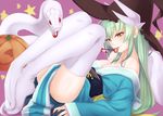  aqua_hair bad_id bad_pixiv_id bare_shoulders breasts bugbook candy cleavage fate/grand_order fate_(series) fingernails food hat horns jack-o'-lantern japanese_clothes kimono kiyohime_(fate/grand_order) large_breasts lollipop long_fingernails long_hair nail_polish off_shoulder red_nails snake solo thighhighs tongue tongue_out white_legwear white_snake witch_hat yellow_eyes 