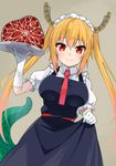  bangs blonde_hair breasts brown_background commentary dragon_girl dragon_tail dragon_tail_roast dragon_tail_steak eyebrows_visible_through_hair fang fang_out food gloves gomashi_(goma) gradient_hair horns kobayashi-san_chi_no_maidragon large_breasts long_hair looking_at_viewer maid maid_headdress multicolored_hair puffy_short_sleeves puffy_sleeves red_eyes short_sleeves simple_background skirt_hold smile solo tail tooru_(maidragon) tray twintails white_gloves 