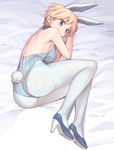  adapted_costume animal_ears ass back backless_outfit bangs bare_shoulders blonde_hair blue_footwear blush brave_witches breasts bunny_ears bunny_tail bunnysuit eyebrows_visible_through_hair full_body high_heels highres konnyaku_(kk-monmon) leotard looking_at_viewer lying medium_breasts nikka_edvardine_katajainen on_bed on_side pantyhose shiny shiny_hair shoes short_hair smile solo strapless strapless_leotard tail white_legwear world_witches_series wrist_cuffs 