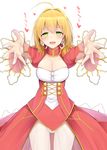  ahoge ass_visible_through_thighs blonde_hair blush breasts check_translation cleavage commentary_request dress epaulettes fate/extra fate_(series) green_eyes heart highres large_breasts leotard leotard_under_clothes looking_at_viewer nero_claudius_(fate) nero_claudius_(fate)_(all) outstretched_arms red_dress see-through simple_background solo takeyuu translation_request white_background 