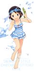  :d black_hair blue_eyes blush commentary_request full_body goggles goggles_on_head hair_ornament hairclip highres idolmaster idolmaster_cinderella_girls open_mouth sasaki_chie short_hair smile solo striped swimwear teiryoku_lolita water_gun 