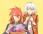  1boy 1girl blue_eyes blush bodysuit cape carrot coat fish food gloves kratos_aurion plaster red_eyes red_hair refill_sage short_hair silver_hair sparkle spoon tales_of_(series) tales_of_symphonia yellow_background 