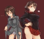  2girls absurdres animal_ears ass_visible_through_thighs blush brown_eyes brown_hair cosplay costume_switch country_connection crossover dog_ears doyagao gertrud_barkhorn gertrud_barkhorn_(cosplay) girls_und_panzer hair_ribbon hand_on_hip highres jinguuji_(jinguji443) kuromorimine_military_uniform long_sleeves looking_at_viewer military military_uniform multiple_girls nishizumi_maho nishizumi_maho_(cosplay) no_pants panties pleated_skirt red_background ribbon school_uniform simple_background skirt sleeves_past_wrists strike_witches thighs twintails underwear uniform wavy_mouth world_witches_series 