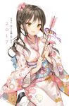  2017 anmi arrow bangs bell bird blush breasts brown_eyes brown_hair commentary_request cowboy_shot eyebrows_visible_through_hair flamingo floating_hair floral_print flower hair_flower hair_ornament half-closed_eyes hamaya happy_new_year highres holding_arrow japanese_clothes jingle_bell kimono kotoyoro long_hair looking_at_viewer medium_breasts mole mole_under_mouth new_year obi original parted_lips partial_commentary pink_flower purple_ribbon ribbon sandals sash simple_background smile socks solo standing standing_on_one_leg translated white_background white_kimono white_legwear 