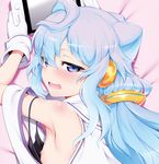  ahoge arm_up armpits ass bangs bed_sheet blue_eyes blue_hair blush dakimakura detached_collar gloves hacka_doll hacka_doll_3 hair_between_eyes handheld_game_console highres long_hair looking_at_viewer lying m-da_s-tarou male_focus nintendo_switch nipples on_stomach open_mouth otoko_no_ko smile solo upper_body wavy_mouth 