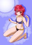  1girl adapted_costume bare_shoulders barefoot bikini blue_background breasts cleavage frills iria_animi mound_of_venus navel open_mouth red_eyes red_hair ribbon short_hair tales_of_(series) tales_of_innocence 