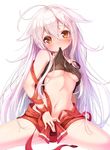  ahoge breasts chiya_(urara_meirochou) commentary_request hair_between_eyes long_hair matokechi mouth_hold navel red_ribbon ribbon silver_hair small_breasts solo spread_legs tank_top underboob undressing urara_meirochou white_background yellow_eyes 