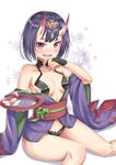  alcohol blush breasts cenangam cup drooling eyebrows fang fate/grand_order fate_(series) flower horns japanese_clothes looking_at_viewer oni oni_horns open_mouth purple_eyes purple_hair sakazuki sake short_hair shuten_douji_(fate/grand_order) slit_pupils small_breasts smile solo wide_sleeves 