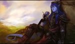  2016 anthro armor black_horn blue_hair blue_skin blue_tail breastplate clothed clothing cloud digital_media_(artwork) digital_painting_(artwork) dungeons_&amp;_dragons eyes_closed female front_view grass greaves hair horn humanoid letterbox long_hair melee_weapon not_furry oouna outside pauldron relaxing rock signature sitting sky solo sword tiefling vambraces weapon 