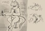  2018 animal_genitalia anthro balls bar blep bottle bottomless canine clothed clothing daftpatriot digitigrade fallout fangs hybrid inside male mammal monochrome night_stalker_(fallout) nightstalker open_mouth rattlesnake reptile scalie sheath shirt sitting snake solo tank_top tongue tongue_out video_games yawn 