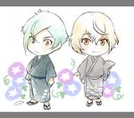  :3 blonde_hair chibi eyes_visible_through_hair flower green_hair higekiri_(touken_ranbu) hizamaru_(touken_ranbu) japanese_clothes kimono male_focus mizuhara_aki morning_glory multiple_boys sandals smile touken_ranbu yellow_eyes yukata 