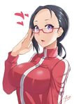  adjusting_eyewear aori_sora artist_name black_hair blush breasts demi-chan_wa_kataritai demon_girl forehead from_side glasses heart highres jacket large_breasts long_hair looking_at_viewer low_ponytail open_mouth purple_eyes red-framed_eyewear satou_sakie semi-rimless_eyewear signature single_sidelock solo succubus track_jacket under-rim_eyewear upper_body zipper 