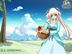  2003 basket blue_eyes cardigan cloud day dress flower hair_ribbon holding holding_basket long_dress long_hair looking_at_viewer mabinogi nao_(mabinogi) no_pupils outdoors path ribbon road sky smile solo twintails wallpaper watermark web_address white_hair 