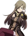 1girl bare_shoulders blue_eyes breasts brown_hair dress elbow_gloves gloves hair_over_one_eye long_hair smile tales_of_(series) tales_of_the_abyss tear_grants thighhighs 